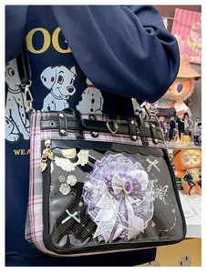 Japanese 2D style JK plaid itabag with clear window, large capacity crossbody bag for daily use.