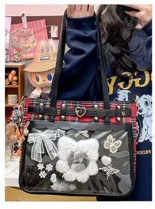 Japanese anime style ita bag PU leather red plaid shoulder crossbody bag with clear window.