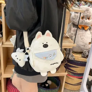 Sac Bandoulière en Nylon Chien Mignon Femmes Style Doux Sac à Épaule Décontracté Sac Téléphone Portable avec Pendentif Peluche