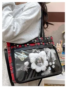 Japanese anime style ita bag clear window plaid shoulder crossbody bag for women student