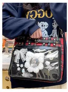 Details of the Japanese anime style ita bag with red plaid and clear PVC window.