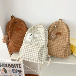 Σακίδιο πλάτης καρό από κορντουρόυ vintage casual μεγάλη χωρητικότητα χαριτωμένη τσάντα