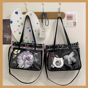 Japanese style transparent ita bag JK plaid shoulder crossbody bag with cute decoration clear window