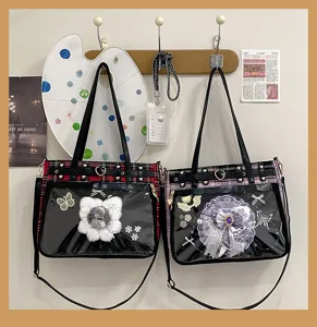 Japanese JK plaid ita bag with clear PVC window, sweet style crossbody bag for commute.