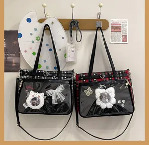 Japanese anime style ita shoulder bag detail view, clear transparent window and plaid pattern.