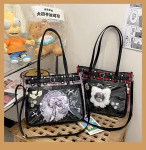 Detail view of Japanese ACG style ita bag with clear window, plaid pattern and cute badges.