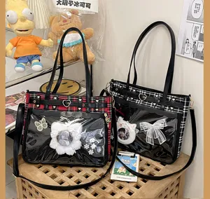 Japanese anime style plaid ita bag for women, large capacity shoulder crossbody bag for daily use.