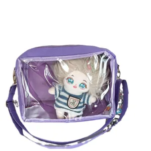 Purple canvas clear window ita bag crossbody bag designed for 25cm plush dolls, cute style.