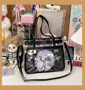 Japanese anime style ita bag, black pink plaid cross body bag with clear display window.