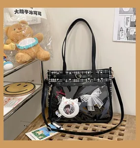 Japanese anime style ita bag clear window black plaid shoulder crossbody bag casual