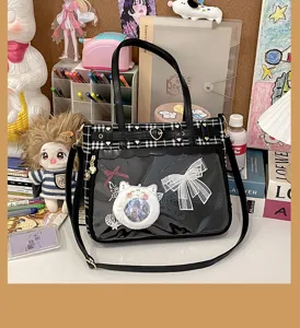 Japanese JK black white plaid ita bag large capacity shoulder messenger bag with clear window