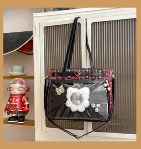 Japanese anime style ita bag PU leather plaid shoulder crossbody bag with clear window