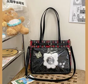 Japanese style JK plaid ita bag with clear PVC front window, perfect for displaying pins and anime.