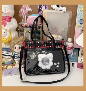 Japanese anime style plaid itabag detail view with transparent window and shoulder strap