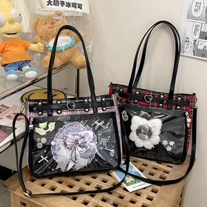 Japanese Anime Ita Bag Women JK Plaid Tote Bag Large Capacity Commuter Shoulder Crossbody Bag With Clear Window