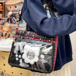 Japanese plaid ita bag clear window shoulder crossbody bag anime cosmetic daily student commuter bag