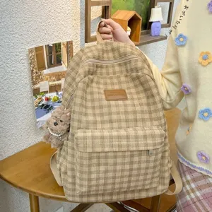 Mori Ins Style Corduroy Plaid Backpack Women Large Capacity Casual Travel School Bag Cute Dog Pendant Bookbag