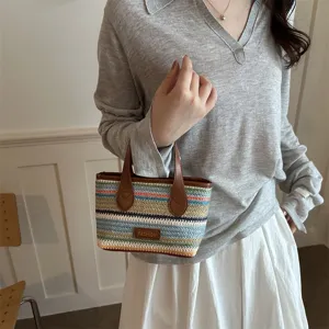 Kleine regenboog geweven handtas, dames vakantie stijl stro tas, stijlvolle handtas.