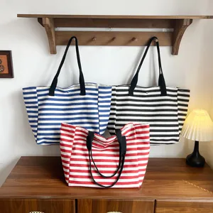 Women's Large Capacity Canvas Tote Bag Casual Striped Shoulder Bag Commuter Fashion Handbag For Daily Use