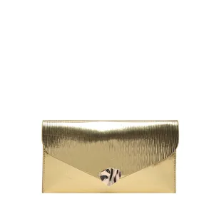 Gold metallic envelope clutch bag for women, stylish minimalist party handbag with metal clasp.