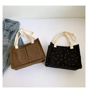 Fashion corduroy strawberry print tote bag large capacity casual shoulder bag for women
