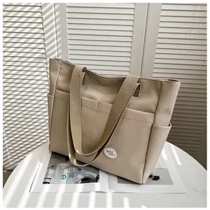 Beige canvas tote bag large capacity shoulder handbag casual daily commute shopping bag for women