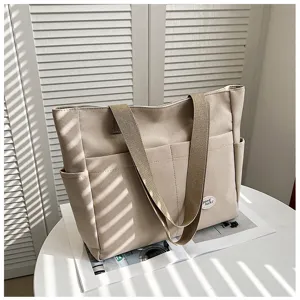 Large capacity canvas tote bag for women work commuting casual shoulder handbag beige stylish