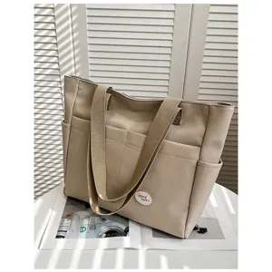 Casual Canvas Tote Bag For Women Large Capacity Commuter Handbag Japanese Style Minimalist Shoulder Bag With Pockets