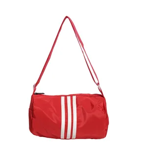 Red nylon shoulder bag casual barrel bag with white stripes for travel fitness daily commute