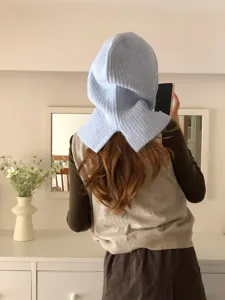 Knit balaclava detail view, soft winter hood scarf combo, cozy ribbed texture in light blue.