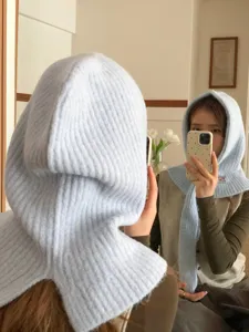 Light blue knit balaclava hood scarf winter warm fleece beanie hat for women daily wear