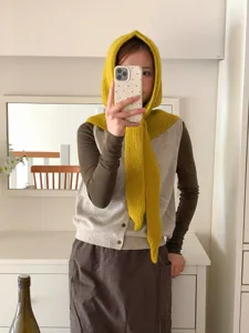 Cozy yellow knit balaclava hood scarf all-in-one winter fashion apparel style daily wear.