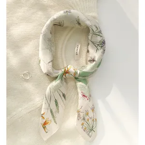Foulard Carré en Soie de Mûrier pour Femmes Satin Crêpe Uni Imprimé Floral Botanique Mode Élégant Foulard de Cou