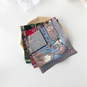 Classic baroque printed silk small square scarf, vintage fashion neckerchief for women.