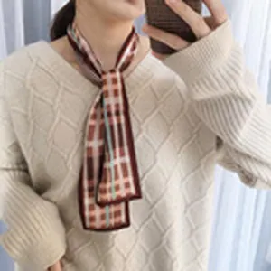 Elegant women plaid narrow scarf neck ribbon soft fabric stylish accessory detail view