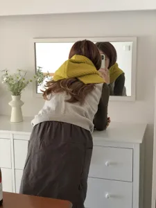 Cozy yellow knit balaclava hood scarf, stylish winter warm headwear for daily women outfits.