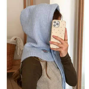 Winter Warm Wool Blend Knitted Balaclava Hood Scarf Set Solid Color Button Fleece Windproof Ski Cap For Women Men
