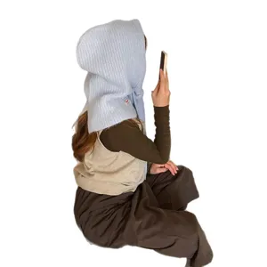 Knitted balaclava hooded scarf winter warm windproof fleece cap for women fashion blue daily wear