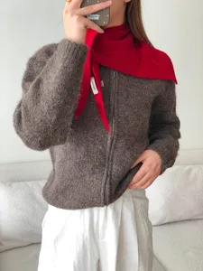 Knit zip cardigan and red triangular scarf set, cozy wool blend winter fashion apparel.