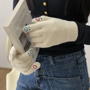 Cute winter knitted gloves for women with funny face embroidery touch screen warm mittens