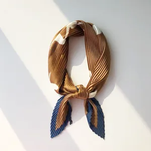 Korean retro pleated small square scarf for women, elegant neckerchief and versatile accessory.