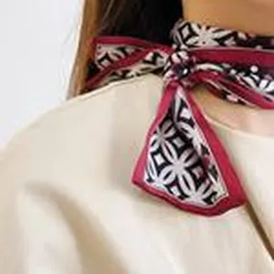 Silk scarf for women, elegant narrow neck ribbon and handbag ribbon accessory.