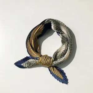 Pleated silk neck scarf detail, retro blue and yellow plaid design, elegant women accessory.