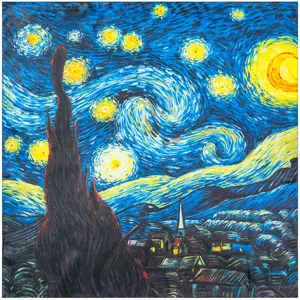 Details of mulberry silk scarf featuring Vincent van Gogh starry night oil painting print.