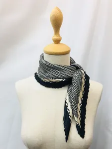 Detailed view of black white pleated square scarf, chic neckerchief for women spring autumn.