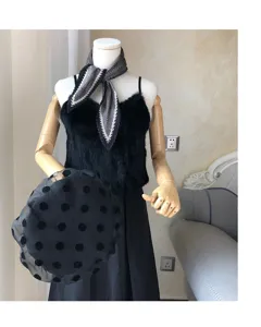 Korean style pleated small square scarf with black faux fur top and dotted mesh hat detail.