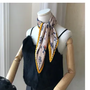 Korean pleated square scarf for women retro floral small neckerchief spring autumn scarf