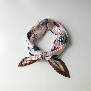 Elegant pleated women square scarf with retro print, soft silk feel neckerchief for daily wear.