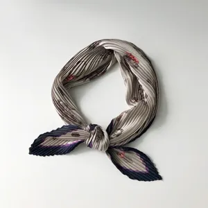 Korean style pleated small square scarf retro silk neckerchief elegant spring autumn accessory for women