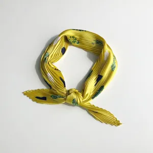 Pleated small square scarf for women, retro yellow neckerchief with floral detail, spring wear.